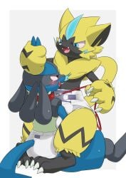 blue_eyes blush claws collar diaper diaper_fetish diaper_only ear_grab fangs leash leash_pull lucario nyanyakotarou pokémon_(species) pokemon pokemon pokemon_(species) red_eyes sitting sitting_on_lap sitting_on_person sweat sweatdrop tears zeraora