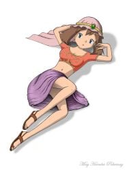 1girls alternate_costume arabian_clothes armpits arms_up belly_dancer belly_dancer_outfit bellybutton blue_eyes breast_grab brown_hair contest_dress female female_only foot_fetish harem harem_girl harem_outfit may_(pokemon) may_(pokemon)_(arabian_princess) mayharukapokemay official_alternate_costume orange_shirt pokemon pokemon_(anime) pokemon_rse resting sandals simple_background small_breasts