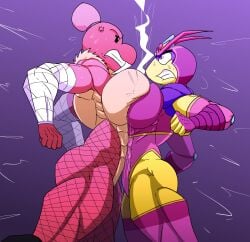 angry anthro arthropod ass big_breasts big_butt bodily_fluids breast_squish breasts clothed clothing cross-popping_vein duo female female/female fight fishnet fishnet_legwear hi_res hymenopteran insects kinnikuman kinnikuman_nisei legwear mammal marine muscular muscular_anthro muscular_female pinniped queen_sectonia saesar squish suzie_(kinnikuman) suzie_tusket sweat tusks walrus wasp wet wet_clothing wrestling