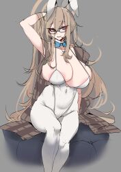 absurdres akane_(blue_archive) akane_(bunny)_(blue_archive) animal_ears areola_slip arm_up blue_archive breasts brown_hair brown_scarf covered_navel detached_collar eyelashes female funaya_(a2brasd) glasses grey_background grey_eyes hair_between_eyes halo hand_in_own_hair highleg highleg_leotard highres huge_breasts leotard long_hair millennium_science_school_student official_alternate_costume pantyhose parted_lips playboy_bunny rabbit_ears scarf simple_background sitting sketch solo very_long_hair white_pantyhose