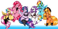 alicorn anthro applejack_(mlp) blonde_hair bra breasts cleavage cutie_mark earth_pony equid equine female fluttershy_(mlp) friendship_is_magic longinius mammal my_little_pony panties pegasus pink_hair pinkie_pie_(mlp) purple_hair rainbow_dash_(mlp) rainbow_hair rarity_(mlp) thick_thighs twilight_sparkle_(mlp) underwear unicorn wings