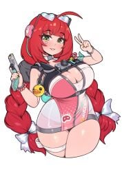 1girls ahoge big_breasts blush braided_hair cleavage clothed clothing female female_focus female_only glasses glasses_on_head glistening green_eyes gun looking_at_viewer peace_sign red_hair solo solo_female solo_focus twintails ukinami_yuzuha v_sign whomperfruit zenless_zone_zero