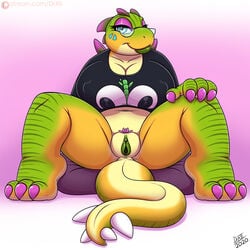 1:1 2020 anthro anus big_breasts breasts claws clothing digital_media_(artwork) drxii eyewear female genitals glasses hi_res huge_breasts kobold kobold_quest nipple_outline non-mammal_breasts patreon pineapple_kobold pussy reptile scalie simple_background smile solo spines spread_legs spreading stripes thagomizer