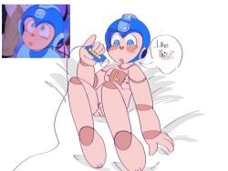 blue blue_eyes cuntboy innocent innocent_expression mega_man mega_man(classic) mega_man_(character) mega_man_(series) pale_skin pussy robot robot_boy robot_humanoid vagina vibrator