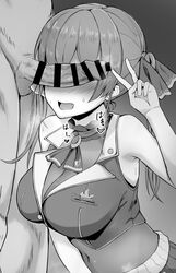 1boy :d bar_censor blush breasts censored commentary_request erection female greyscale hair_ribbon heart highres hololive hololive_fantasy hololive_japan houshou_marine large_breasts long_hair monochrome navel nose_blush open_mouth oumi_(rsag) penis penis_awe penis_over_eyes ribbon smile straight sweat testicles twintails v veins veiny_penis virtual_youtuber