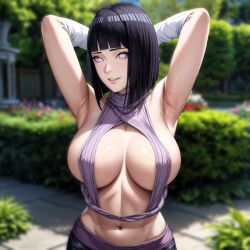 ai_generated arms_behind_head big_breasts boruto:_naruto_next_generations hyuuga_hinata knitted_sweater large_breasts milf naruto naruto_(series) stable_diffusion sweater