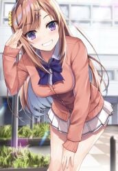 1girls advanced_nurturing_high_school_uniform ashaina_nazuna bent_over blue_bow busty_female classroom_of_the_elite female flower_in_hair hair_pin long_hair looking_at_viewer orange_hair outside pink_jacket posing_for_the_viewer pov_eye_contact purple_eyes school_uniform schoolgirl short_skirt smiling_at_viewer teenager white_collared_shirt white_skirt younger_female