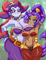 2girls angry bandana blue_eyes breasts cleavage dark-skinned_female dark_skin earrings female female_only hair_ornament half-closed_eyes hoop_earrings izfan_art large_breasts multiple_girls pirate pointy_ears ponytail purple_hair purple_skin red_eyes risky_boots shantae shantae_(character) smooth_skin voice_actor_connection wayforward