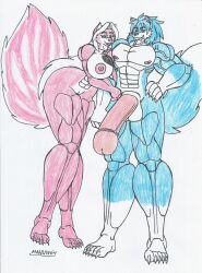 1boy1girl anthro ayana big_breasts big_hair big_hips big_penis blue_eyes blue_fur couple fabian furry huge_cock marlon64 muscular muscular_anthro muscular_female muscular_male naked naked_female naked_male pink_fur skunk_girl tattoo traditional_drawing_(artwork) white_background white_fur white_hair wolf_humanoid