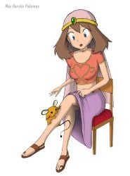 1girls alternate_costume belly_dancer belly_dancer_outfit bellybutton chair contest_dress dedenne female female_only harem harem_girl harem_outfit may_(pokemon) mayharukapokemay official_alternate_costume orange_shirt pokemon pokemon_(anime) pokemon_rse