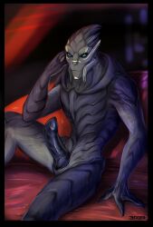 3033 alien animal_genitalia blue_eyes bodypaint erection face_paint genital_slit genitals hi_res looking_at_viewer male male_only mass_effect nude penis presenting presenting_penis purple_body purple_penis savariis sitting slit solo turian