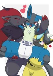 blue_eyes blush claws diaper diaper_only heart lifted lifted_by_another lucario nyanyakotarou one_eye_closed open_mouth pokémon_(species) pokemon pokemon pokemon_(species) red_eyes smile spikes zeraora zoroark