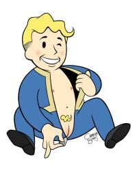 1boy cuntboy cuntboy_only fallout happy male male_only silly smile smiling smiling_at_viewer solo solo_focus spread_legs spreading undressing undressing_self unzipped_bodysuit unzipped_jumpsuit unzipping vault_boy winking