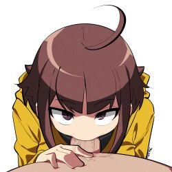 blowjob brown_hair female hand_on_hip linne under_night_in-birth yellow_hoodie yutakke