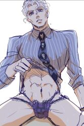 abs adsword clothed clothed_sex cowgirl_position diamond_is_unbreakable gay gay_sex implied_anal implied_sex jojo's_bizarre_adventure lifting_shirt lingerie male/male male_only male_viewer muscular_male solo_male thighs thong tummy yoshikage_kira