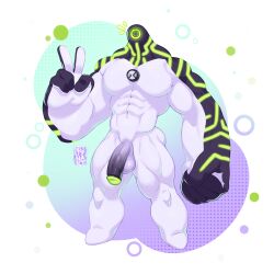 1boy balls bara ben_10 black_body flaccid galvanic_mechamorph male male_only muscles muscular non-human nude peace_sign pecs pectorals penis quuynart solo solo_male upgrade_(ben_10) v v_sign white_body