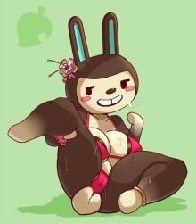 animal_crossing anthro big_breasts bikini carmen_(animal_crossing) female female_only leokingdom rabbit solo solo_female spreading sweating tagme