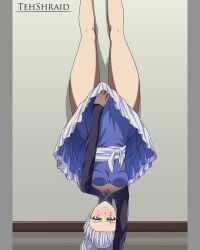 1girls artist_name bare_legs blue_eyes blush blushing_profusely covering_crotch covering_self detailed_background dress dress_tug embarrassed embarrassed_female female female_focus female_only full_color gritting_teeth handstand lycoris_challenge meme mystral_outfit open_mouth rwby scar scene_reference skirt skirt_pull teenager tehshraid upside-down weiss_schnee weiss_schnee_(mystral) white_hair