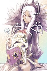 aversa_(fire_emblem) big_breasts book dark-skinned_female dark_skin feathers fire_emblem fire_emblem_awakening fire_emblem_heroes hoodie kiran_(fire_emblem) long_hair nakabayashi_zun question_mark red_eyes sitting_on_lap size_difference smile tagme tattoo thick_thighs white_hair