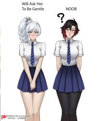 2girls artist_name blue_eyes blush female female_focus female_only full_color meme multiple_girls oblivious ponytail red_highlights ruby_rose rwby school_uniform schoolgirl short_hair skirt teenager tehshraid weiss_schnee white_hair