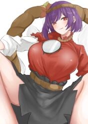 1girls accessory big_breasts blush breasts clothed_female crouching goddess kanako_yasaka kuraki light-skinned_female purple_hair red_eyes solo solo_female thighs touhou white_background