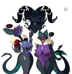 2girls alpha_channel anthro areola big_areola big_breasts black_body breasts claws disembodied_hand dorans_flea dragon duo fangs female generation_6_pokemon genitals heart horn huge_breasts looking_at_viewer neck_tuft nintendo nipples noivern pokemon pokemon_(species) purple_body pussy red_claws scalie sibling_(lore) simple_background sister_(lore) sisters_(lore) smoking teeth thick_thighs transparent_background tuft