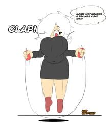 1girls big_breasts breasts breasts_in_face chubby chubby_female clapping clothed clothed_female dialogue exercise female female_focus female_only fully_clothed huge_breasts human human_only jump_rope jumping large_breasts lwd_cartoonz original_character red_eyes skirt socks solo solo_female solo_focus sweater thick_legs turtleneck turtleneck_sweater unknown_(lwd_cartoonz) white_hair