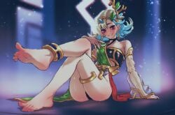 1girls anklet armor ass bare_shoulders barefoot bikini_armor crossed_legs feet female female_only foot_fetish foot_focus green_hair human legs lily_everhart looking_at_viewer palworld panties pixel_art purple_eyes seductive sitting smile soles solo spoiledmuffin thighs toes