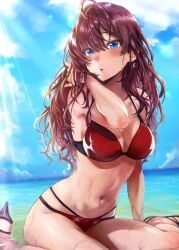 bikini blue_eyes brown_hair brunette_hair idolmaster ocean red_bikini simon_(n.s_craft) the_idolm@ster wet wet_body wet_skin