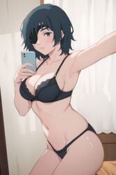 1girls ai_generated barely_clothed big_breasts blue_eyes blush cellphone chainsaw_man cleavage female female_focus female_only girl green_hair himeno_(chainsaw_man) jorgecarlosai lingerie navel posing posing_for_picture selfie selfie_pose short_hair solo solo_female thighs toned toned_female underwear