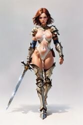 1girl 1girls ai_generated armor barely_visible_nipples blue_eyes camel_toe cameltoe female female_focus female_only freckles half-orc leotard mozag_the_orc nipples orc orc_female red_hair rodinsinker see-through see-through_clothing sword thigh_highs thighhighs white_background