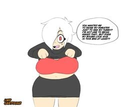 1girls belly big_breasts big_stomach bra breasts cleavage clothed clothed_female dialogue english_dialogue english_text fangs female female_focus female_only fully_clothed huge_breasts human human_only large_breasts looking_at_viewer lwd_cartoonz original_character overweight overweight_female presenting_breasts red_eyes shirt shirt_lift skirt smiling solo solo_female solo_focus stomach sweater teasing text thick_legs thick_thighs tight_clothing turtleneck turtleneck_sweater unknown_(lwd_cartoonz) white_hair