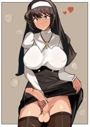 1futa balls black_hair black_thighhighs blush bottomless bottomless_futanari breasts brown_eyes clothed clothing clothing_lift cum curved_to_the_right_penis dickgirl erect_penis erection futa_only futanari futanari_masturbation hearts_around_head holding_penis human large_breasts light-skinned_futanari light_skin looking_at_viewer masturbation nipples_visible_through_clothing no_panties nun nun's_habit nun_futa nun_outfit partially_clothed penis penis_under_skirt precum precum_drip precum_string short_hair simple_background skirt_lift smile solo solo_futa standing stroking_penis thighhighs thighs yoshiwo_senpai