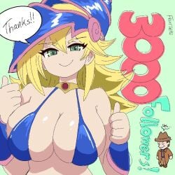 bikini blonde_hair blue_bikini breasts dark_magician_girl duel_monster female fruitheadart green_eyes large_breasts long_hair milestone_celebration non-web_source simple_background skindentation smile swimsuit tagme thank_you thumbs_up yu-gi-oh!