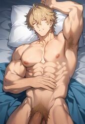 1boy abs ai_generated ai_golden_map arm_behind_head armpit_hair armpits arms_up balls bara bare_shoulders bed biceps big_balls big_penis blonde_hair blue_eyes closed_eyes completely_nude completely_nude_male erection fate/extra fate/grand_order fate/prototype fate_(series) gawain_(fate) gay gay_male green_eyes hairy_armpits large_breasts large_pectorals long_penis lying male male_focus male_nipples male_only male_pubic_hair muscle muscular muscular_male muscular_thighs nude pecs pectorals penis pillow pink_nipples pose pubic_hair sexy_armpits sleeping solo solo_male spread_legs testicles uncensored