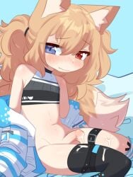 1boy animal_ear_fluff animal_ears belt black_thighhighs blonde_hair blue_background blue_eyes blush bottomless claravt_(roringclara) closed_mouth commentary commission cum english_commentary femboy feminine_male fox_boy fox_ears fox_tail girly heterochromia highres jacket long_hair long_sleeves male male_focus male_only navel nose_blush original otoko_no_ko penis red_eyes simple_background single_thighhigh sitting solo tail testicles thigh_belt thigh_strap thighhighs trap wariza white_jacket