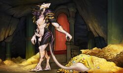 allanthesergal52_(artist) anthro anthro_only balls cave chair claws coin fluffy fur furniture genitals gold hi_res jewelry kaikyo male male_only paws penis sergal solo standing tail throne