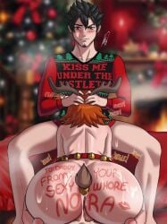 1boy 1girls blowjob body_writing buttplug buttplug_tail cheating christmas christmas_clothing cum_in_ass cum_plugged nora_valkyrie older_male orange_hair qrow_branwen rwby shiny_hair shiny_skin short_hair stretchnsin tagme younger_female