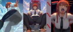 3koma ai_generated ass chainsaw_man city cutesexyrobutts_(style) cutesexyrobutts_ai_artstyle_imitation dspaceous english_text female female_pred from_below giantess giga_giantess huge_ass invisible_chair makima_(chainsaw_man) sitting solo solo_female throne vore