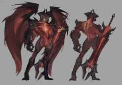 1boy aatrox aatrussy bara black_skin colored_skin cuntboy darkin darkin_(league_of_legends) demon demon_boy demon_wings full_body glowing glowing_eyes grey_background helmet highres league_of_legends league_of_legends:_wild_rift male male_focus multiple_views muscular muscular_male pussy red_eyes red_skin riot_games shiny_skin standing sword weapon wings xkov_(cerberuskeeper)