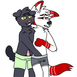 1:1 anonymous_artist anthro black_body black_fur blush canid canine canis clothing cross devin_(bassknight) domestic_cat duo felid feline felis fur hand_in_underwear hicky_mark male male/male mammal markings pink_body pink_fur reaching_down_pants red_body red_fur rj_(bassknight) scottish_fold stain striped_tail stripes underwear white_body white_fur wolf