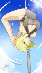 1girls ass barefoot big_breasts blonde_hair blue_eyes bob_cut breasts cleavage clothed_female cutout feet female female_only fishnets flexible holding_object looking_at_viewer naruto naruto_(series) naruto_shippuden nworld12 samui scorpion_pose single_girl smile soles stripper_pole swimsuit toes upside-down