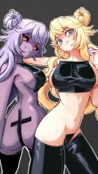 1girls alternate_costume alternate_form barely_clothed barely_covered barely_covered_breasts barely_covered_crotch black_bottomwear black_clothing black_topwear blonde_hair blue_eyes bottomwear christian_cross cross double_bun eight_tyan female female_focus female_only kaneko_lumi light-skinned_female light_skin orange_eyes phase_connect phaseinvaders pink_fingers purple-skinned_female purple_skin solo sweat sweatdrop sweating teeth teeth_showing topwear two_versions virtual_youtuber vtuber white_hair white_outline