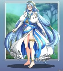 1girls absurdly_long_hair avalewds azura_(fire_emblem) bare_legs barefoot blue_hair breasts dress elbow_gloves female female_only fingerless_gloves fire_emblem fire_emblem_fates full_body gloves hair_between_eyes huge_breasts legs light_blue_hair long_hair looking_at_viewer nintendo no_panties outdoors pussy smile solo standing tree very_long_hair yellow_eyes