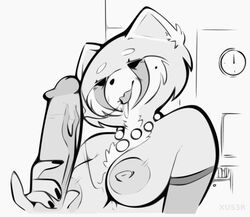 2019 aggressive_retsuko ailurid anthro armwear big_penis bodily_fluids breasts clothing duo elbow_gloves erection female female_focus gem genitals gloves greyscale handjob handwear humanoid_genitalia humanoid_penis jewelry male mammal mature_female monochrome mostly_nude necklace nipples pearl_(gem) pearl_necklace penile penis penis_grab red_panda retsuko's_mother saliva saliva_string sanrio sex smooth_fur solo_focus straight vein veiny_penis xu53r