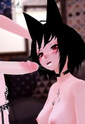 3d big_penis black_hair choker choker_snapping cum cum_drip cum_in_mouth cum_inside cum_on_face fox_girl red_eyes seiki_(radon_86) short_hair vrchat