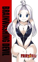 big_breasts big_eyes blue_eyes cute dmayaichi doujin doujin_cover doujinshi fairy_tail hands looking_at_viewer mirajane_strauss nervous nervous_smile shy sitting smile solo solo_female solo_focus white_background white_hair