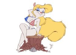 american_flag_bikini animaniacs anthro big_breasts bikini blonde_hair eltonpot erect_nipples minerva_mink mink