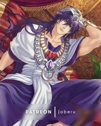 1boy abs amethyst_(gem) arabian arabian_clothes arms_behind_head arms_up biceps bracelet collarbone decoration earrings emerald_(gem) headwear jewelry jouvru_(joberu) lips long_hair looking_at_viewer magi:_the_labyrinth_of_magic male male_focus male_only necklace pearl_(gem) pearl_necklace purple_hair robe royalty ruby_(gem) sinbad_(magi) sitting solo yaoi yellow_eyes