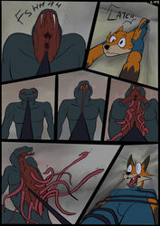 anthro bondage bound bulge canid canine clothing comic duo fangs fox game_show hi_res imminent_rape imminent_tentacle_rape male male/male mammal oldgreg onomatopoeia page_9 panic reptile scalie snake sound_effects tentacle tentacle_monster text